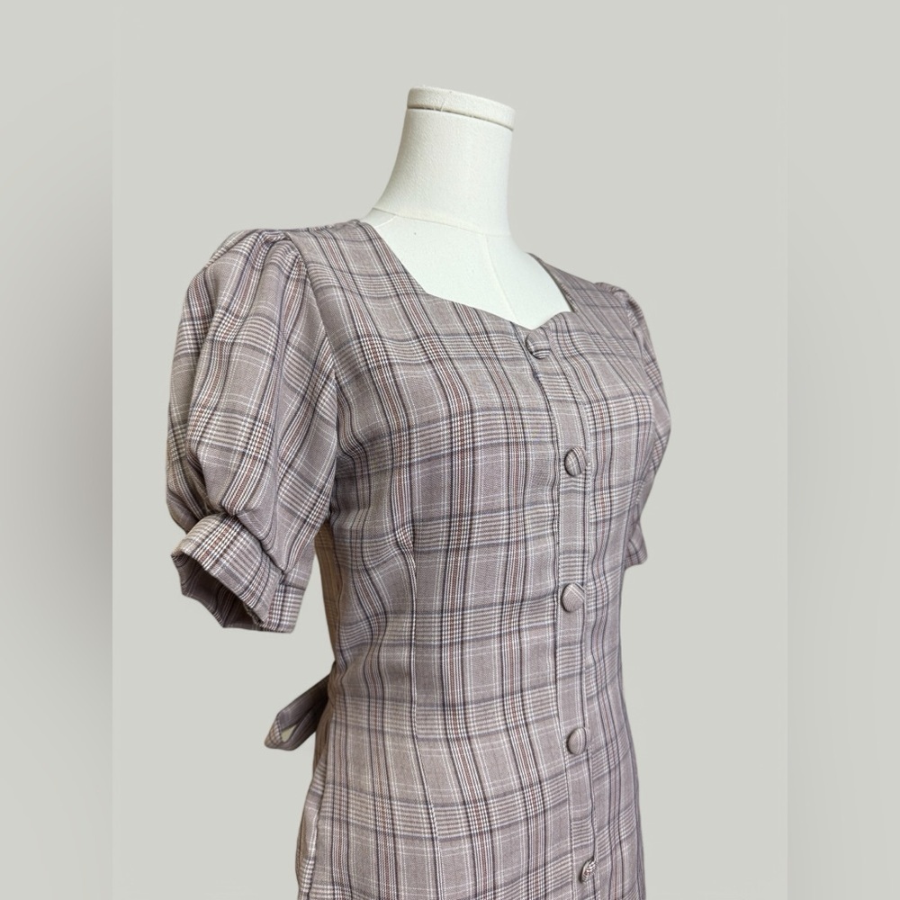 Plaid Dress Women Size Medium Brown Midi Sweetheart Neckline Puff Short Sleeves - Picture 8 of 11
